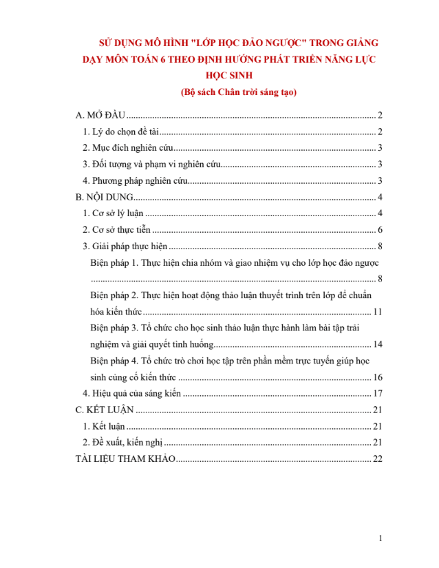 Sử dụng mô hình "Lớp học đảo ngược" trong giảng dạy môn Toán 6 theo định hướng phát triển năng lực học sinh (CTST)