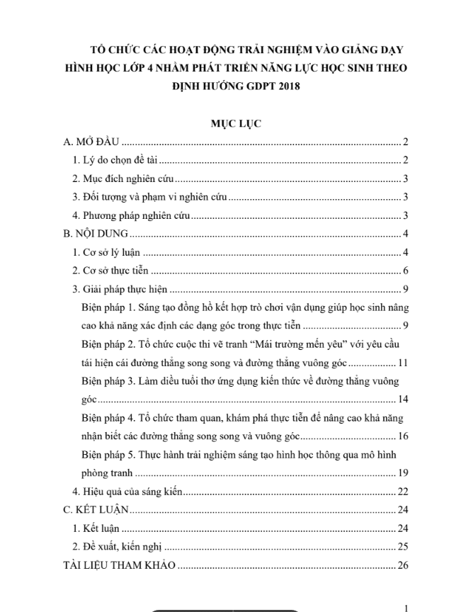 Tổ chức các hoạt động trải nghiệm vào giảng dạy Hình học lớp 4 nhằm phát triển năng lực học sinh theo định hướng GDPT 2018 (đủ 3 bộ sách)