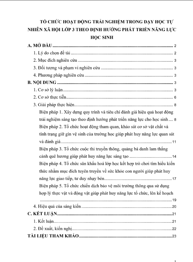 Tổ chức hoạt động trải nghiệm trong dạy học TNXH lớp 3 theo định hướng phát triển năng lực học sinh (đủ 3 bộ sách)