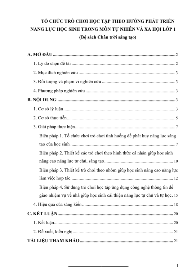 Tổ chức trò chơi học tập theo hướng phát triển năng lực học sinh trong môn tự nhiên và xã hội lớp 1. (đủ 3 bộ sách)