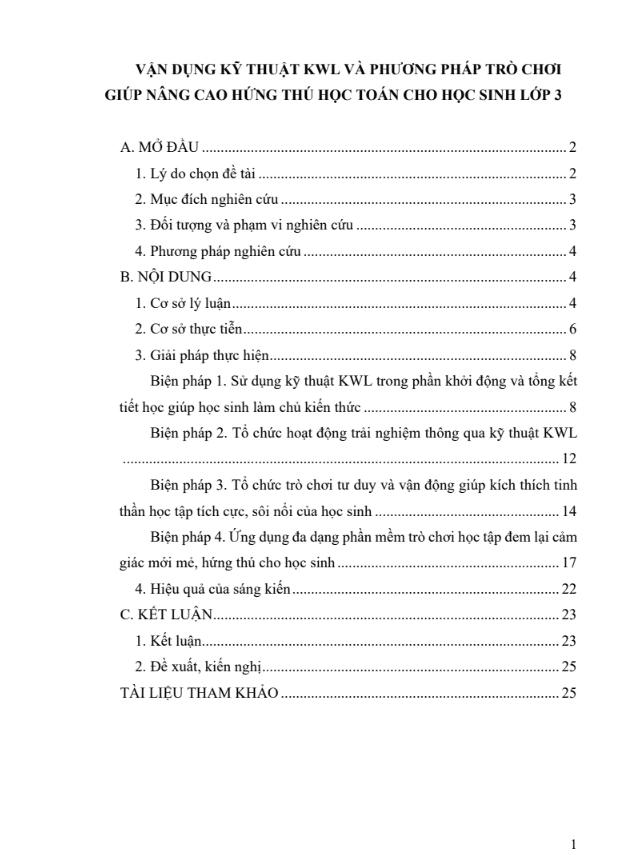 Vận dụng kỹ thuật KWL và phương pháp trò chơi giúp nâng cao hứng thú học Toán cho học sinh lớp 3 (đủ 3 bộ sách)
