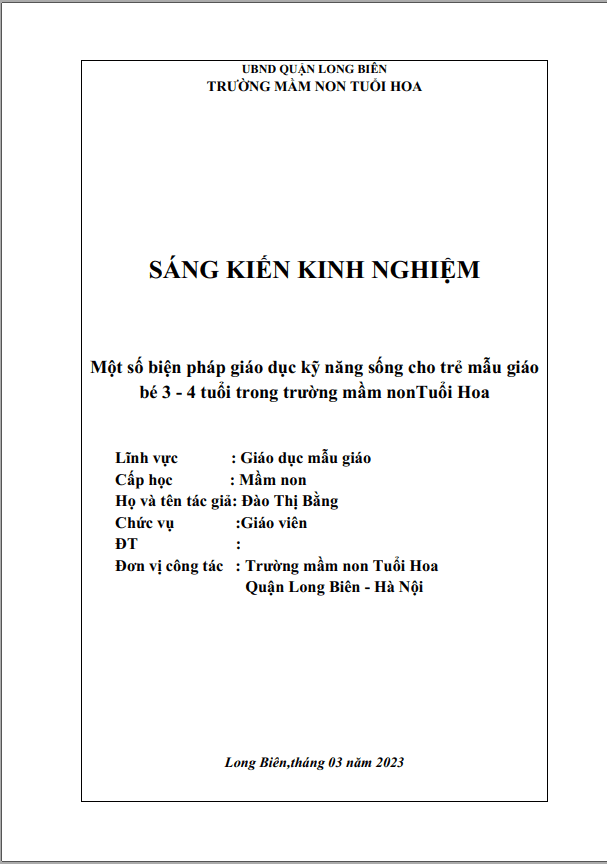 một số biện pháp giáo dục kĩ năng sống cho trẻ 3-4 tuổi trong trường mầm non.