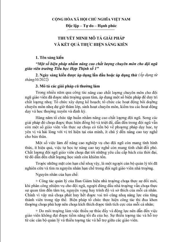 Một số biện pháp nhằm nâng cao chất lượng chuyên môn cho đội ngũ giáo viên trường Tiểu học Hợp Thịnh số 1