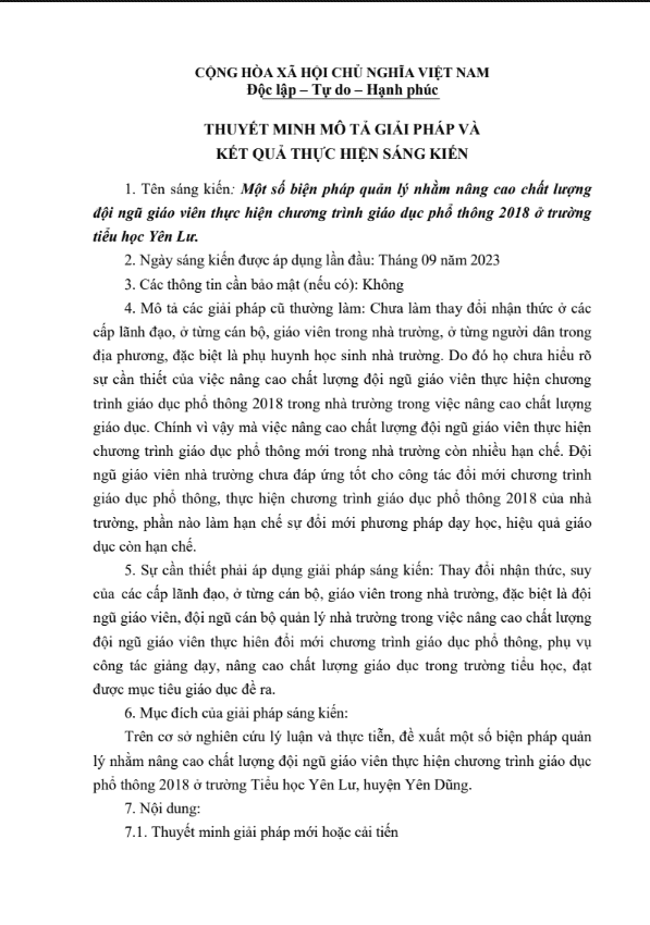 Một số biện pháp quản lý nhằm nâng cao chất lượng đội ngũ giáo viên thực hiện chương trình giáo dục phổ thông 2018 ở trường tiểu học Yên Lư.