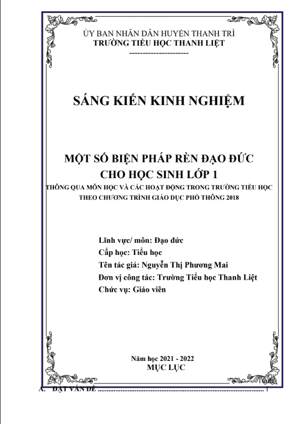 Một số biện pháp rèn đạo đức cho học sinh lớp 1 thông qua môn học và các hoạt động trong trường Tiểu học