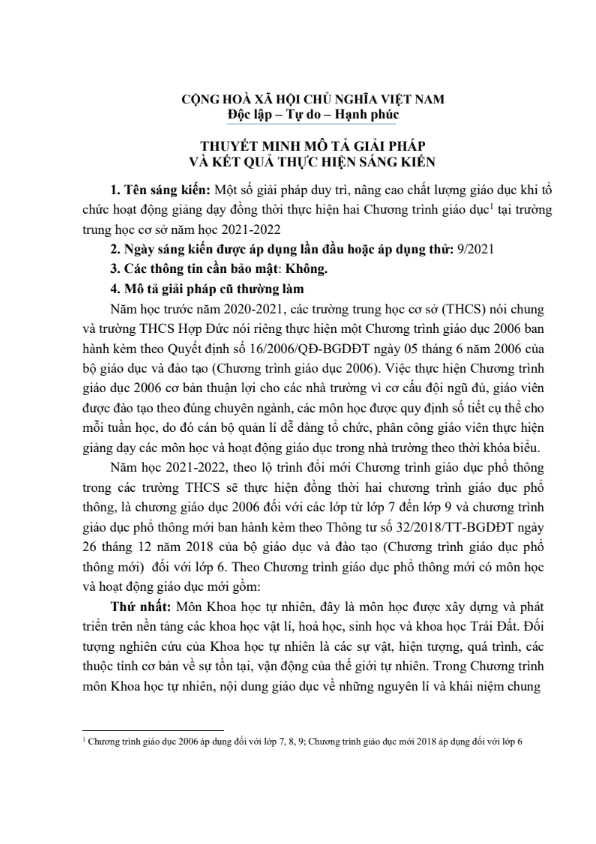 Một số giải pháp duy trì, nâng cao chất lượng giáo dục khi tổ chức hoạt động giảng dạy đồng thời thực hiện hai Chương trình giáo dục tại trường trung học cơ sở năm học 2021-2022