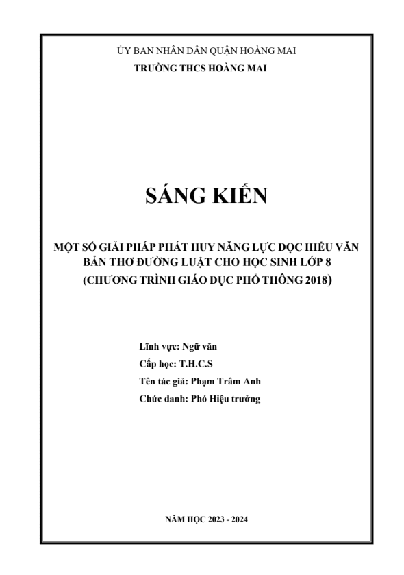 một số giải pháp phát huy năng lực đọc hiểu văn bản thơ đường luật cho học sinh lớp 8