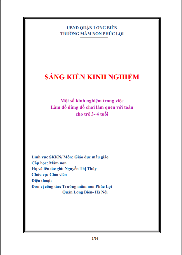 một số kinh nghiệm trong việc làm đồ dùng đồ chơi làm quen với toán cho trẻ 3- 4 tuổi