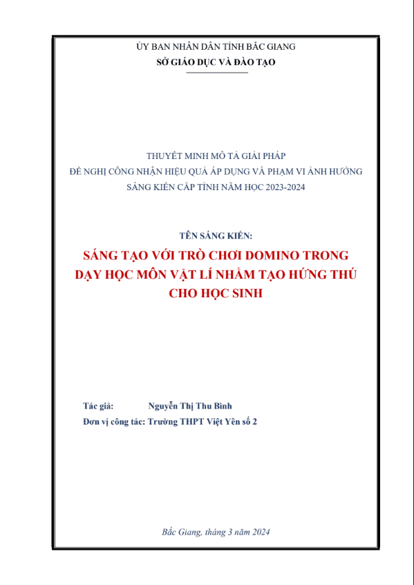 Sáng tạo với trò chơi Domino trong dạy học môn vật lí 10 nhằm tạo hứng thú cho học sinh