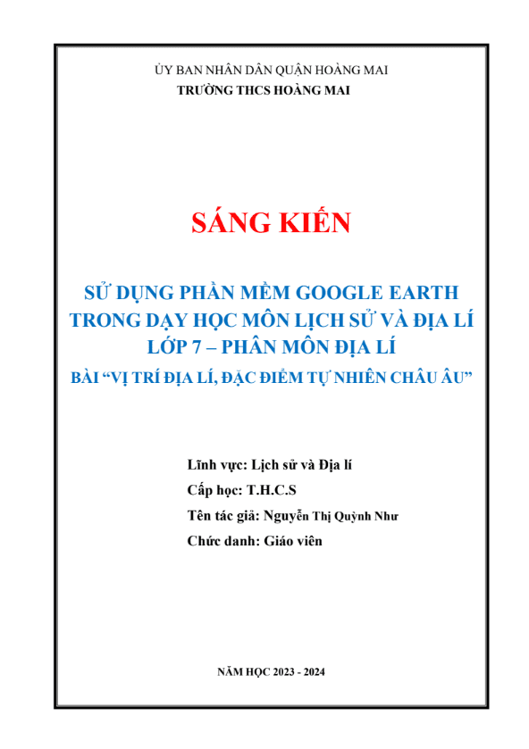 sử dụng phần mềm google earth trong dạy học môn lịch sử và địa lí lớp 7 – phân môn địa lí - bài “vị trí địa lí, đặc điểm tự nhiên châu âu”